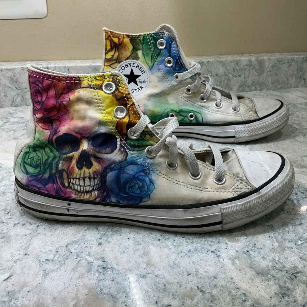 Converse High Top Chuck Taylor All Star W8 M6 Multi Skull Rose Watercolor Shoes